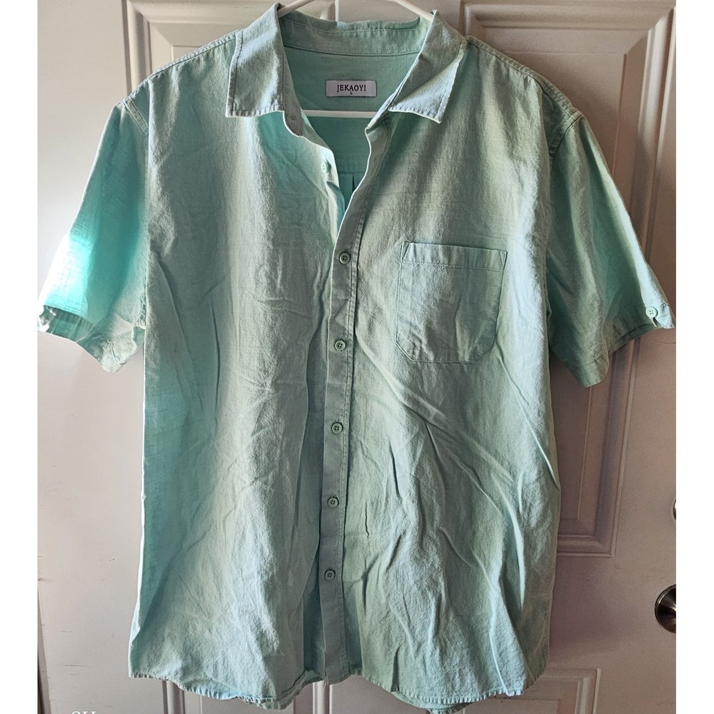 JEKAOYI Mens Button Up Shirt Large Green Short Sleeve Cotton Linen Blend Casual‎
